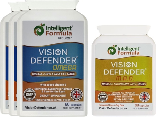 [BRSRAZ35CICAGFYV] Vision Defender MAC &amp; Omega Todos los días General Eye-Health Bundle (90 Days Supply). Suplemento de Vitaminas Ojo Incluye Carotenoides Lutein, Zeaxanthin, Omega-3 (DHA, EPA). Made in UK by Eye Specialists