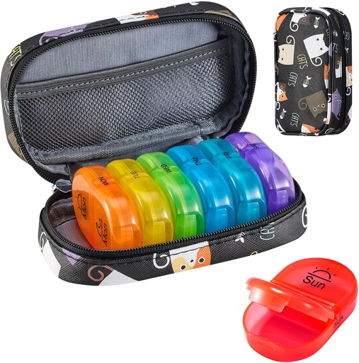 [BRSROH33OV4BYYLU] Serfeymi Týdenní Travel Pill Organizátor 2 Times A Day PM Upgraded Rainbow Pill Box 7 Day with Portable Zipper PU Leather Pill Case, Lékařský Organizátor pro pilulky, Vitamíny, Rybí oleje - Black 02