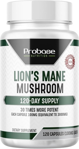 [BRSROBQPCUFWOADL] Probase Nutrition Lions Mane Supplement Capsules 30x Potency Extract Mushroom Supplement 4 Month Supply 120 Count