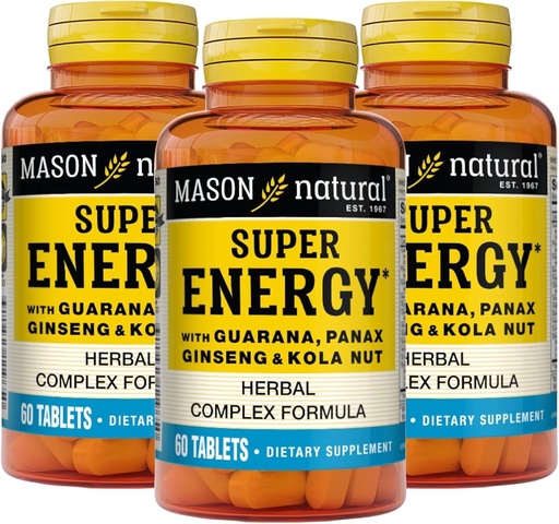 [BRSRMYY3BUIA4CTB] Mason Natural Super Energy, Made with Guarana, Panax Ginseng & Kola Nut for Optimal Performance & Energy, 90 Day Supply, 60 Tablets (Pack of 3)
