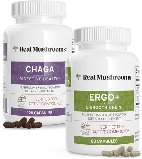 [BRSWYCT5DIPBQAD4] Real Mushrooms Ergothioneine (60ct) and Chaga (120ct) Bundle with Shiitake and Oyster Mushroom Extract - Longevity, Digestive Health - Vegan, Gluten Free, Non-GMO - Natural Support for Healthy Aging