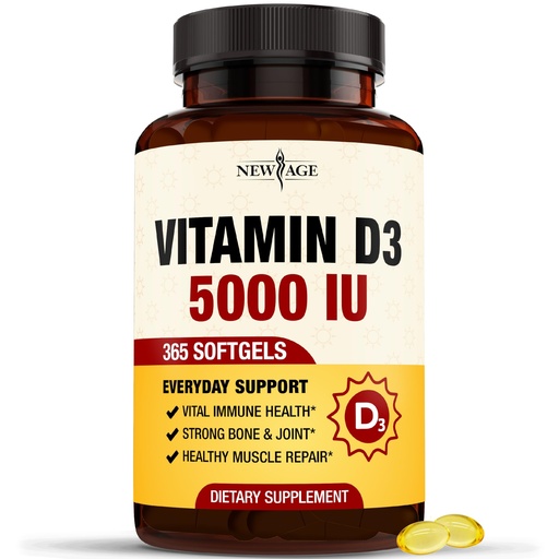[BRSROCAEOQBWYDIZ] NEW AGE Vitamin D3 5000 IU 125mcg Softgels - Support Immune Support, Strong Bone Health - Non-GMO, Gluten-Free, Dairy-Free,1 Year Supply (360 Softgels (Pack of 1))