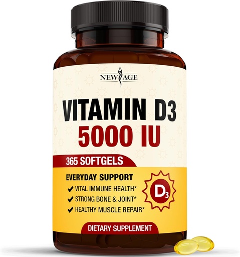 [BRSROCAEOQBWYDIZ] NUEVO AGE Vitamina D3 5000 UI 125mcg Softgels - Soporte para inmunes, fuerte salud de huesos - sin gluten, sin gluten, sin lácteos, 1 año de suministro (360 Softgels (Pack de 1))