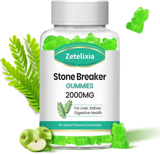 [BRSRAYYOOIGQ42TU] Chanca Piedra Stone Breaker Gummies, supplément à base de plantes biologiques pour le nettoyage du rein et la santé de la vésicule, dissolver les pierres de rein, sans sucre, végétalien, non-OGM, saveur de pomme, 60 comte