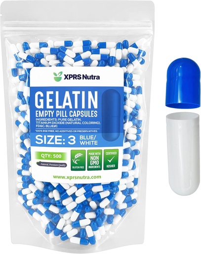 [BRSWY2QLOQCRMYL5] XPRS Nutra Size 3 Empty Capsules - 500 Count Empty Gelatin Capsules - Pills DIY Capsule Filling - Pure Bovine Pill Gel Caps Fillable for Do-It-Yourself Vitamins and Supplements (Blue/White)