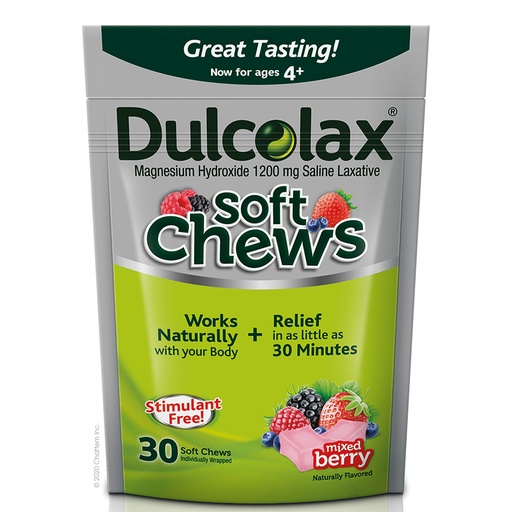 [BRSROCAYBUOREG3O] Dulcolax Soft Chews Saline Laxative Mixed Berry (60ct & 30ct) 1200mg Magnesium Hydroxide Gentle Constipation Relief