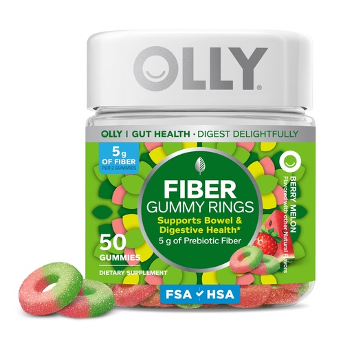 [BRSRMCYYDEJQAF3F] OLLY Fiber Gummy Rings, 5g FOS Prebiotic Fiber, Digestive Health Supplement,* Strawberry Watermelon Flavored, 25 Day Supply - 50 Count