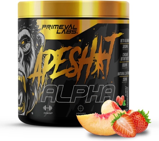 [BRSW2HAKC4IAE2TG] Primeval Labs Ape Alpha Natural Pre Workout for Men and Women | Increase Endurance and Focus | 350mg Caffeine | Beta-Alanine |L citrulline | Nitric Oxide Booster | Strawberry Peach, 40 Servings