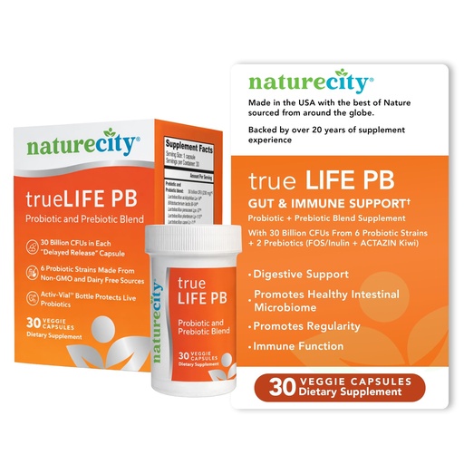 [BRSWKYL5PIJWAF3K] NatureCity True-Life-PB Shelf Stable Blend Prebiotics and Probiotics for Women and Men - Digestive Gut Health Supplements for Women and Men - Dairy Free - (30 Veggie Capsules)