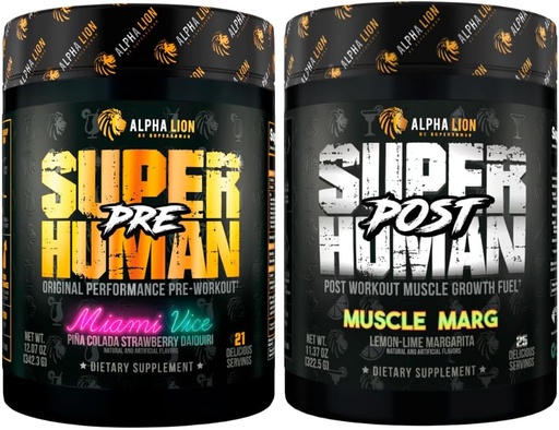 [BRSRMBQQOANQ2C34] ALPHA LION Superhuman Pre Workout Pulveris & Post Workout Recovery Bandle, ilgstoša enerģija & Focus + Lean Muskuļu augšanu, stiprums & apjoms (Miami Vice & Muskuļu Marg)