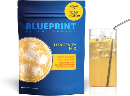 [BRSRAYIPDJ6GC2DX] Blueprint Bryan Johnson Longevity Mix - Muscle Builder & Recovery Supplement - Promotes Focus and Balanced Mood - Magnesium, Creatine, L-Theanine, Glutathione & Vitamin C- 30 Servings, Pineapple Yuzu