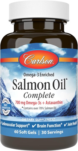 [BRSWIEYIBB5QACAV] Carlson - Aceite de Salmón Completo, 700 mg Omega-3 + Astaxanthin, Soporte cardiovascular, Función cerebral " Salud Conjunta, 60 Softgels