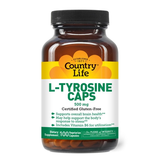 [BRSWIY3YPN6AYHT4] Country Life L-Tyrosine 500mg with Vitamin B6 Supplement - Certified Gluten-Free, Vegetarian, Kosher, Boosts Focus & Energy, Supports Brain Health, Enhances Mental Clarity, Non-GMO - 100 Capsules