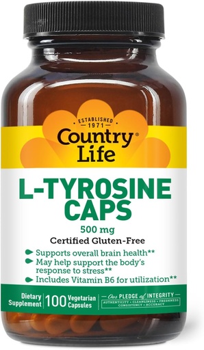 [BRSWIY3YPN6AYHT4] Country Life L-Tyrosine 500mg with Vitamin B6 supplement - Certified Gluten-Free, Vegetarian, Kosher, Boosts Focus ' Energy, Supports Brain Health, Enhances Mental Clarity, Non-GMO - 100 Capsules