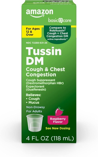 [BRSW2FQBOEPGYHQ2]   Basic Care Tussin DM, Cough Plus Chest Congestion Syrup for Adults and Ages 12 and Over, Raspberry Flavor, 4 fl oz (Pack of 1)