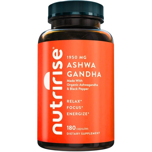 [BRSWYBI5CN7BYDLV] NutriRise Organic Ashwagandha Root Capsules with Black Pepper 1950mg, Natural Stress & Mood, Thyroid & Immune Support Supplement, Sleep Aid, Clarity, Focus & Energy, Gluten Free, 180 Count