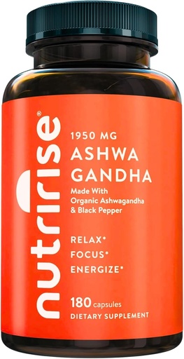 [BRSWYBI5CN7BYDLV] NutriRise Organic Ashwagandha Root Capsules with Black Pepper 1950mg, Natural Stress & Mood, Thyroid & Immune Support Supplement, Sleep Aid, Clarity, Focus & Energy, Gluten Free, 180 Count