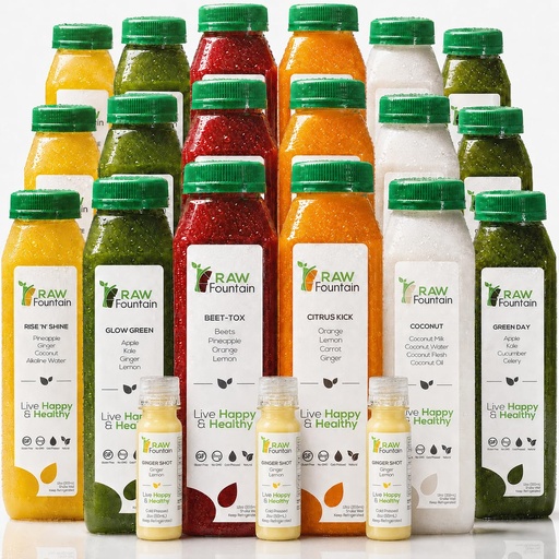 [BRSWGAT4BMGQG3Q7] 3 Day Juice Cleanse by Raw Fountain, All Natural Raw Detox Cleanse, Cold Pressed Juice Fast, Great Way to Jumpstart a Healthier Diet, Kosher, Vegan, NO Sugar Added, 18 Bottles 12oz, 3 Ginger Shots 2oz
