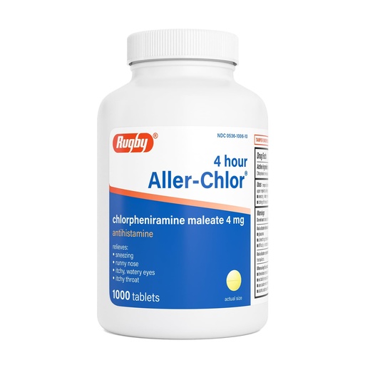 [BRSWKGQNBQNBGGY5] Rugby 4 Hour Aller-chlor - Chlorpheniramine Maleate 4 mg - Antihistamine - 1000 Tablets (1 Pack)
