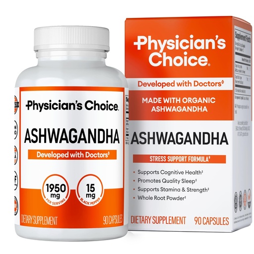 [BRSWG2YHBYNAIG32] Physician's CHOICE Ashwagandha Supplement - 1950mg of Bioavailable Organic Ashwagandha Root Powder - Black Pepper Extract, Stress Support, Mood Support Supplement, 90 Veggie Capsules
