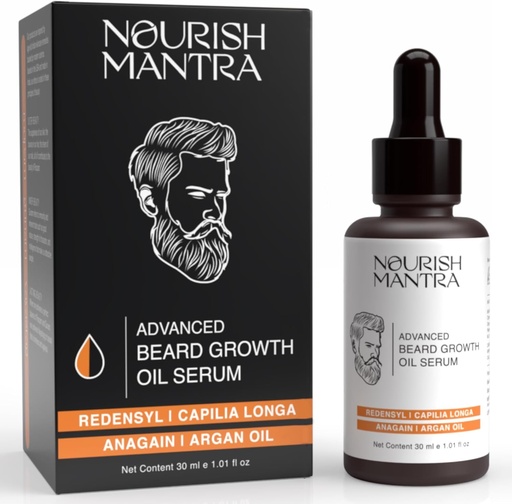 [BRSROYAZCJ4GCELP] NOURISH MANTRA - Advanced Beard Growth Oil Serum | Made with Redensyl, Capilia Longa, Argan Oil, Vitamin E and Jojoba Oil for Fuller, Thicker & Healthier Beard Growth | Beard Oil Serum For Men | 30 ml