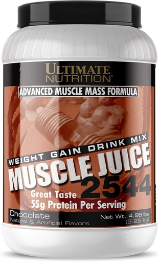 [BRSWIZT4OQHRUGTI] Ultimate Nutrition Muscle Juice, Weight Gain Drink Mix - Massa Gainer exercitar pó para homens e mulheres - Suplemento para crescimento muscular magro e apoio imunológico com 55g de proteína - Chocolate, 4,96lb