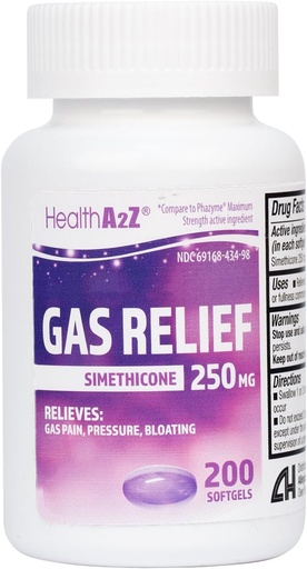 [BRSW2BDROQBQEDYY] HealthA2Z® Gas Relief, Simethicone 250mg, Fast Acting Gas Relief, Bloating, Pressure, Discomfort, 200 Softgels