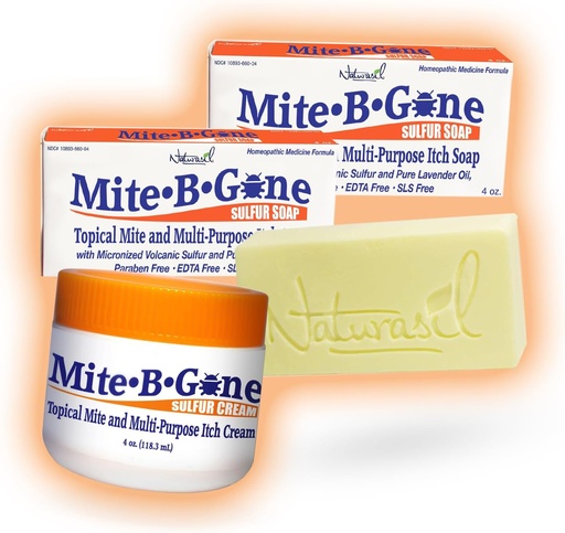 [BRSWYHAYOAHR4DTF] Mite-B-Gone-ren 'B-Gone' ekintza azkarreko programa-erroreen erliebe-paketea - Sulfur Cream lasaigarria + 2 Soaps | Safe for Kids & Adults | Treats Insect & Mosquito Bites, Itch & Discomfort| All-natural eta eraginkorra larru mota guztietarako