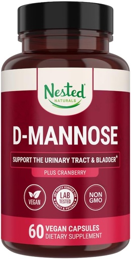 [BRSWKHYYBB4AYCTV] Nested Naturals D-Mannose 500mg Caspules with Cranberry Extract, D Mannose Cranberry Pills, Urinary & Bladder Support, 60 Vegan Capsules