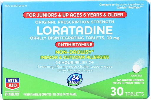 [BRSW2H3YCJ6AGC32] Rite Aid Kid's Non-Drowsy Allergy Relief, Loratadine 10mg, Mint Flavor - 30 Tablets | Orally Disintegrating Tabs | Ages 6 and Older