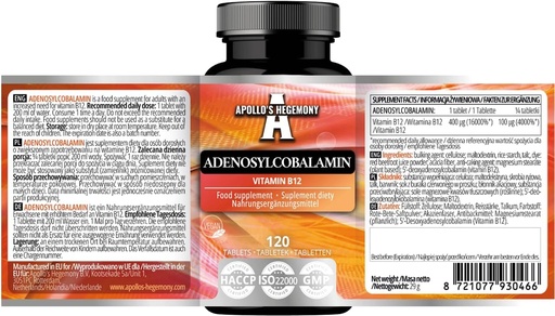 [BRSRAZQ7AEJQIC3P] APOLLO's HEGEMONY Adenosylcobalamin 120 Tablet - Bioavailable bitamina B12 optimoa Energiaren Metabolismo Hobetzeko - 480 zerbitzu - Dieta osagarria