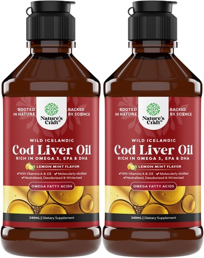 [BRSROGADDMBQIELV] Icelandic Wild Caught Cod Liver Oil Liquid - Fish Oil Drops with Omega 3, EPA, DHA, Vitamin D & A - Liquid Cod Liver Supplement for Heart, Joint, Brain & Immune Support - 240 ml (8 Ounce) 2 Pack