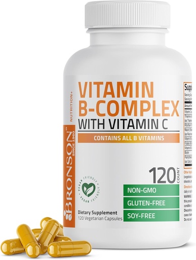 [BRSRMBT4OB7GACLP] Complejo Bronson Vitamina B con Vitamina C - Salud Inmuna, Apoyo Energético & Nervous System Support - Non-GMO, 120 cápsulas vegetarianas
