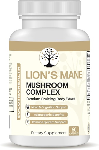 [BRSROBAHBEAQ2GY7] Supplément de champignons Lions Mane - Extrait de corps à fruits premium - avec Chaga, Maitake, Shiitake, Reishi - Mood, Cerveau et Immmune Support, Adaptogène - Non-OGM - 60 Capsules Vegan