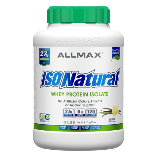 [BRSWKYYKDEHQY3AV] ALLMAX ISONATURAL Whey Protein Isolate, Vanilla - 5 lb - 27 Grams of Protein Per Scoop - Zero Fat & Sugar - 99% Lactose Free - with Prebiotics - No Artificial Flavors - Approx. 73 Servings