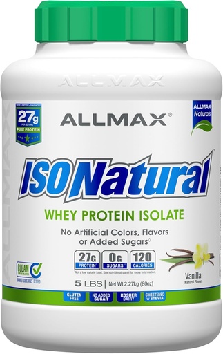 [BRSWKYYKDEHQY3AV] ALLMAX Táplálkozás IZONATURAL Tejsavó fehérje izolátum, Vanilla - 5 LB - 27 Grams of Protein Per Scoop - Zéró Fat & Sugar - 99% Laktóz mentes - prebiotikumokkal - Mesterséges aromák nélkül - 73 szervadékok