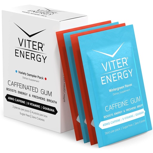 [BRSWYA3RCIBQI23O] Viter Energy Caffeinated Gum 60mg Caffeine, B Vitamins, Guarana, Sugar Free. (Variety, 2pcs, 4 Pack)
