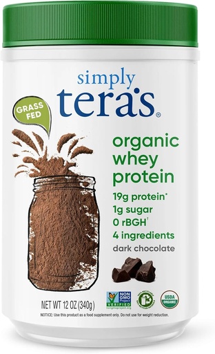 [BRSWIYI7CYBBYDT2] simply tera's Organic Whey Protein Powder - Grass Fed Whey Protein Powder Without Artificial Sweeteners, Clean, Non-GMO, Gluten-Free - Dark Chocolate, 12 Oz.