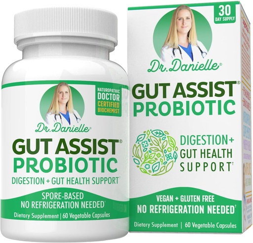 [BRSW2GQCO55QAAI6] Gut Assist Probiotic - Probiotics for Women and Men, Adults by Dr. Danielle - Shelf Stable Probiotic Supplement - No Refrigeration Necessary - Bacillus - 60 Capsules