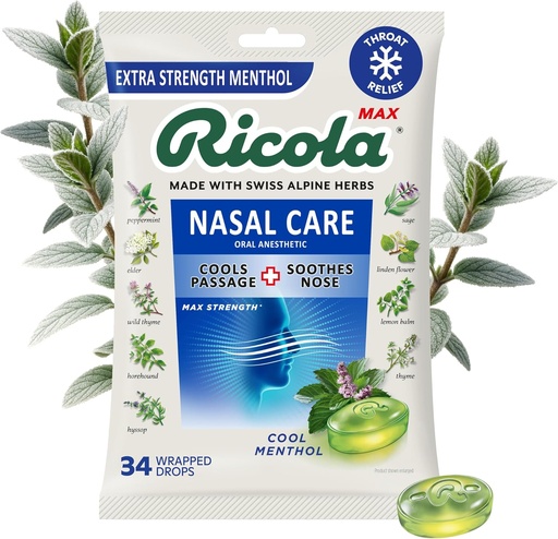 [BRSRMZYDDICB6C3V] Ricola Max Cool Menthol Nasal Care Large Bag | Cough Suppressant Drops | Dual Action Liquid Center | Soothing Long-Lasting Relief - 34 Count (Pack of 1)