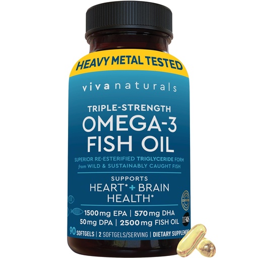 [BRSWKZQFAZ5GKFT2] Viva Naturals Triple Strength Omega 3 Fish Oil Pills – 2500 mg High-Potency Formula with 2250 mg Omega 3 Fatty Acids (Including EPA, DHA, DPA) in rTG Form for Absorption – IFOS Certified, 90 Softgels