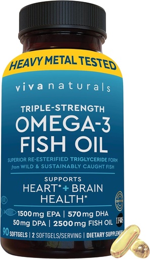[BRSWKZQFAZ5GKFT2] Viva Naturals Triple Strength Omega 3 Fish Oil Pills – 2500 mg High-Potency Formula with 2250 mg Omega 3 Fatty Acids (Including EPA, DHA, DPA) in rTG Form for Absorption – IFOS Certified, 90 Softgels