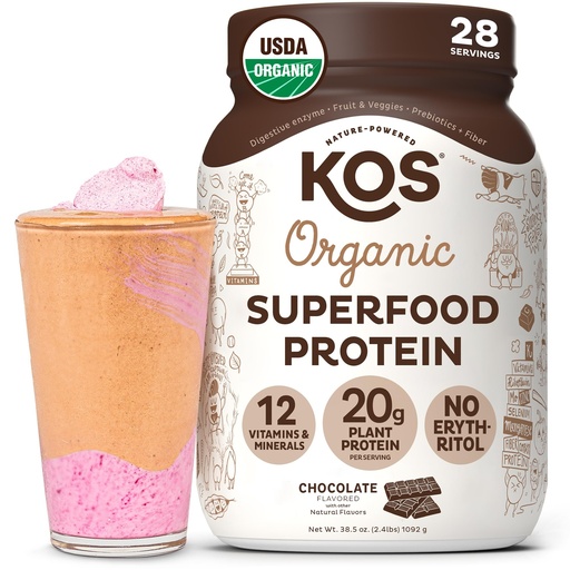 [BRSWGZD6DF5Q22YY] KOS Vegan Protein Powder Erythritol Free, Chocolate - Organic Pea Protein Blend, Plant Based Superfood Rich in Vitamins & Minerals - Keto, Dairy Free - Meal Replacement for Women & Men, 28 Servings