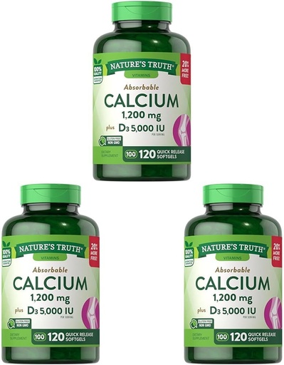 [BRSRAAL7OYIGCCA6] Nature's Truth Absorbable Calcium 1200 mg with Vitamin D3 5000 IU | 120 Softgels | Calcium Carbonate | Non-GMO Gluten Free Supplement (Pack of 3)