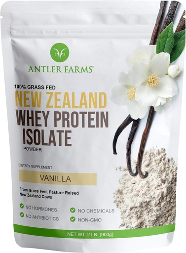 [BRSW2GQDAF6A2H3K] Antler Farms - 100% Grass Fed New Zealand Whey Protein Isolate, Vanilla Flavor, 2 lbs - Pure and Clean, 4 Ingredients, Delicious, Cold Processed