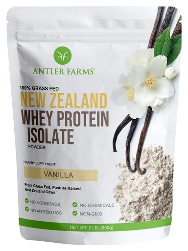 [BRSW2GQDAF6A2H3K] Antler Farms - 100% Grass Fed New Zealand Whey Protein Isolate, Vanilla Flavor, 2 lbs - Pure and Clean, 4 Ingredients, Delicious, Cold Processed