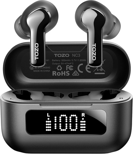 [BRSRAFICCQMBSCTA] TOZO NC3 Hybrid Active Noise Cancelling Wireless Earbuds with 6 Mics AI Clear Call Ear Buds 55H Playtime with LED Display 32 Preset EQs via APP Bluetooth 5.3 IPX8 Waterproof in Ear Headphones