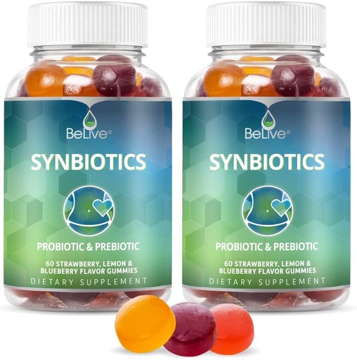 [BRSW2GD4OYBRODT3] BeLive Synbiotics - Probiotic & Prebiotic Fiber Gummis – High Strength Inulin (3g), Nahrungsfaserergänzung, Verdauungsunterstützung für Kinder & Erwachsene - Erdbeere, Zitronen, Blaubeeren Geschmack | 2-Pack