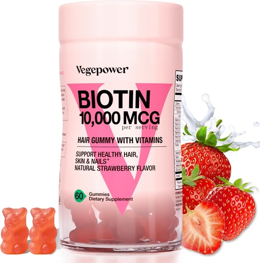 [BRSRAAILDMIQGE36] Hair Growth Gummies with Biotin 10,000mcg - Vegan Hair Vitamins Gummy for Yor Healthy Hair, Skin & Nails, Added B-Complex, Vitamin D, Vitamin A & Zinc - Hair Supplement for Women Men (60, Strawberry)