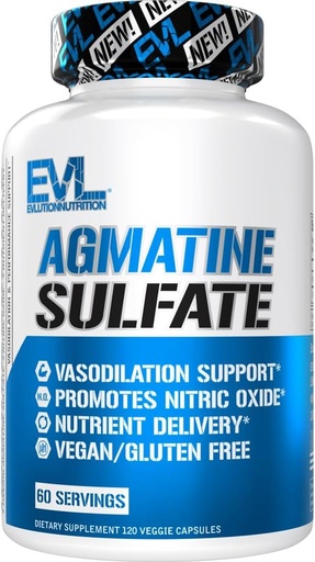[BRSRAYIPBEHRADIY] Evlution Nutrition Agmatine Sulfate Nitric Oxide Capsules - High Strength Agmatine Sulfate Nitric Oxide Supplement for High Intensity Pumps Muscle Growth Recovery and Performance - 60 Servings